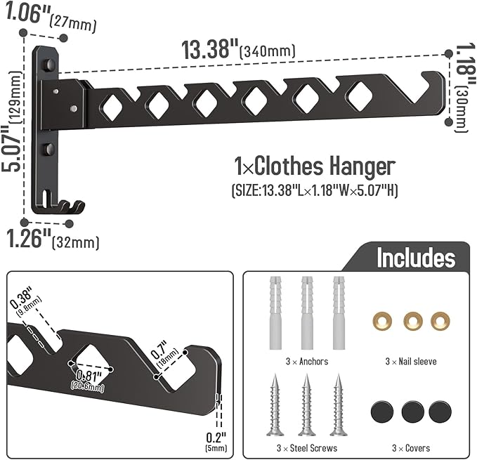 Wall Mounted Clothes Drying Rack, Wall Clothes Hanger Foldable, Laundry Hanger Hook for Bathroom, Wall Clothes Rack Indoor, Perfect for Small Spaces, Matte Black