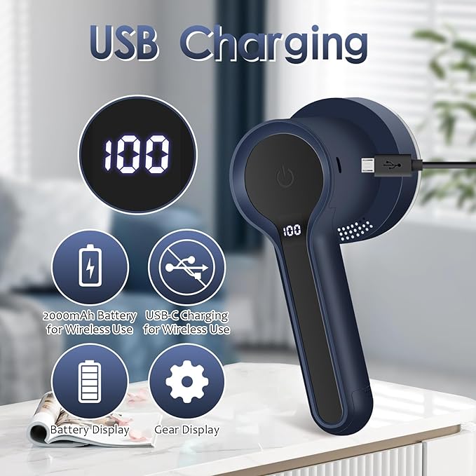 SUPER LINT Electric Fabric Shaver, Sweater Shaver with LED Display, 6-Leaf Blades, Clothes Brush, 3-Speeds for Removing Fuzz and Pill Form Clothing, Couch, Furniture, Navy Blue