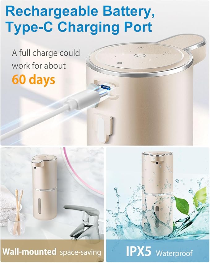 Automatic Liquid Soap Dispenser,4-Level Adjustable, Wall Mount,USB Rechargeable,12.8oz/ 380ml,Touchless Hand & Dish Soap Dispenser for Bathroom, Kitchen,Hotel, Restaurant