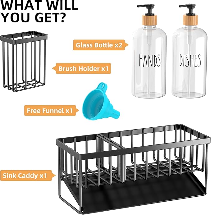 Cisily Dish Soap Dispenser, 16 fl Oz Dual Kitchen Soap Dispensers with Sponge Holder, Customized Stainless Steel Kitchen Soap Dispenser Set, Modern Hand and Dish Soap Bottle Set Removable