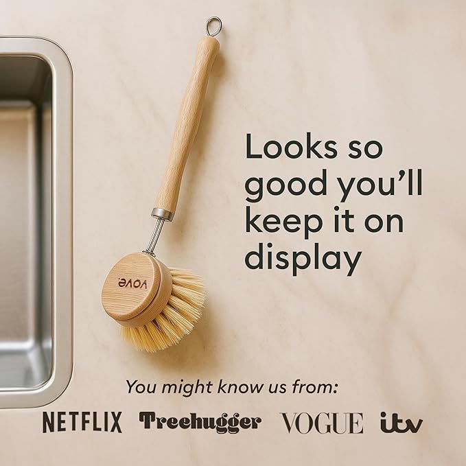 Vove Bamboo Dish Brush Replacement Heads, 4 Pack - FSC-Certified Bamboo - Natural Fiber Bristles - Compatible with Vove Dish Brush - Non-Toxic, Plastic-Free