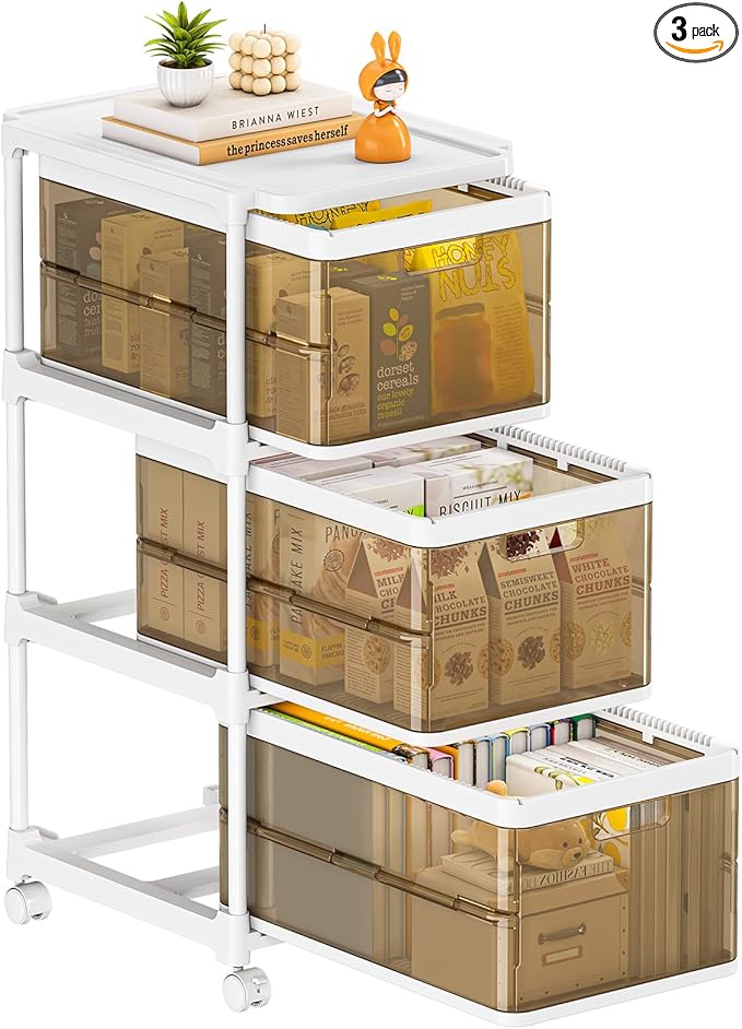 3 Drawer Storage Organzier - Plastic Drawer Stroage, Stackable Storage Drawers, Storage Bins with Wheels, Foldable Drawer Organizer, 20 Quart/Bin, Total 60 Qurat