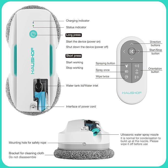 HAUSHOF Robot Window Cleaner with 3800Pa Suction, Auto Water Spray, AI Path Planning & Edge Detection, Remote Control for High-Rise Window, Glass Door