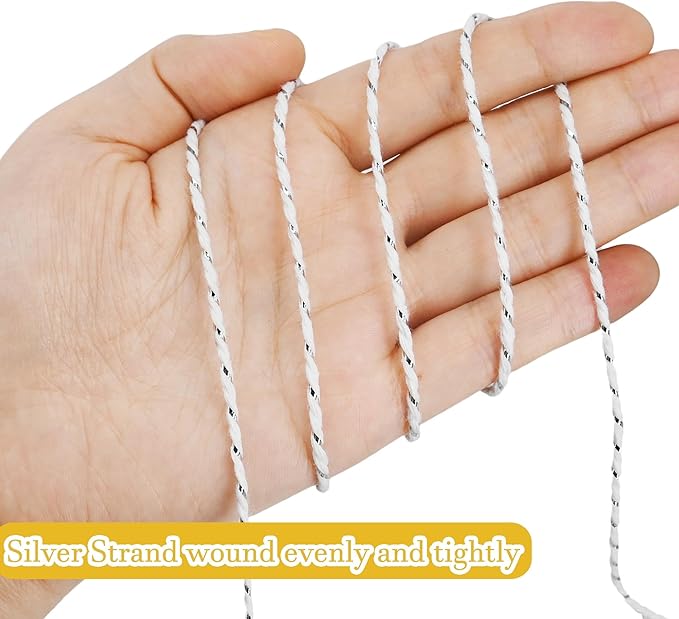 Leecogo Cotton Twine Silver and White Baker String 2mm Thick 328 Feet Christmas Twine for Gift Wrapping DIY Crafts Home Party Decoration