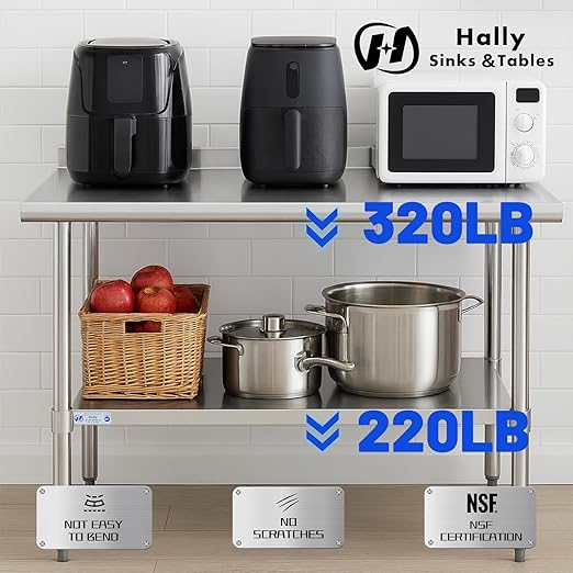 Hally Stainless Steel Table for Prep & Work 14 x 30 Inches, NSF Commercial Heavy Duty Table with Undershelf and Backsplash for Restaurant, Home and Hotel