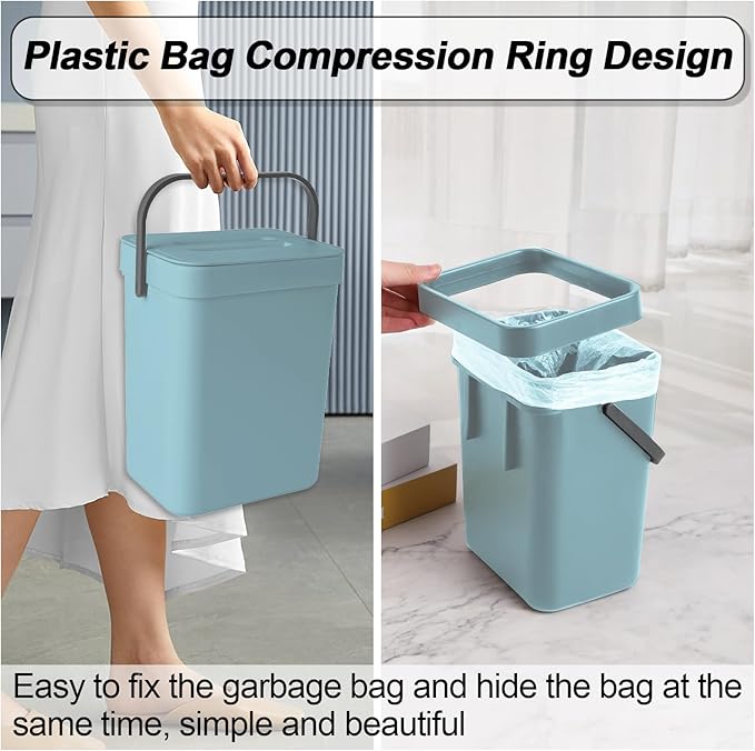 Compost Bin Kitchen, Bring 5 Rolls (100) of Garbage Bags, for Use on Countertops or Under Sinks, Hanging Trash Can with Lid, for Cupboard/Bathroom/Bedroom/Office/Camping(Bule 0.8 Gallon/3L)