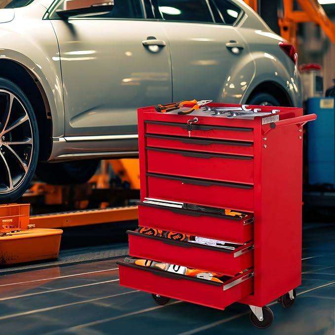 Tool Chest Cabinet, Large Capacity Metal Tool Box with Wheels and Cylinder Locking, Roll Around Storage Organizer Tool Cart for Garage, Redtool cabinets on Wheels (Red, 7-Drawer-Wheels)