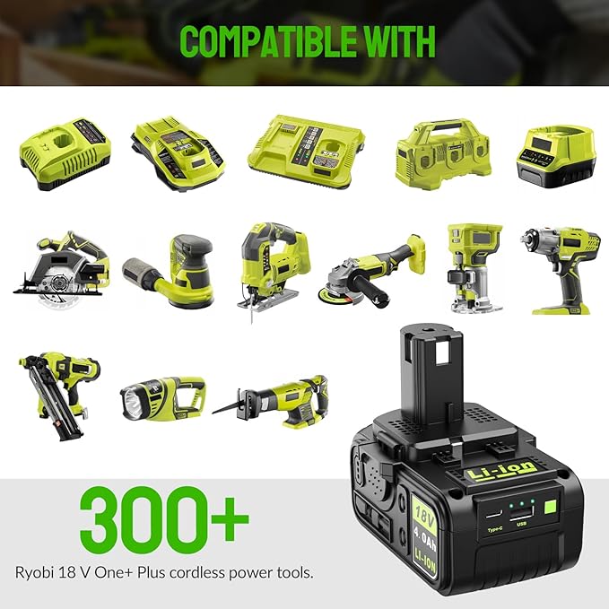 Abeden 18V 4.0Ah Replacement Battery with USB for ONE+ Series,Compatible with 18Volt Lithium Batteries P102 P103 P104 P105 P107 P109 P122 for Cordless Tools (1 Pack)