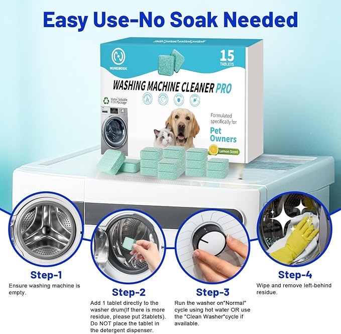 Washing Machine Cleaner -15 Pack, Formulated for Pet Owners | Compatible with HE, Top & Front Load Washer | Septic Safe | Fresh Scent | Removes Residue | Remove Stubborn Pet Hair