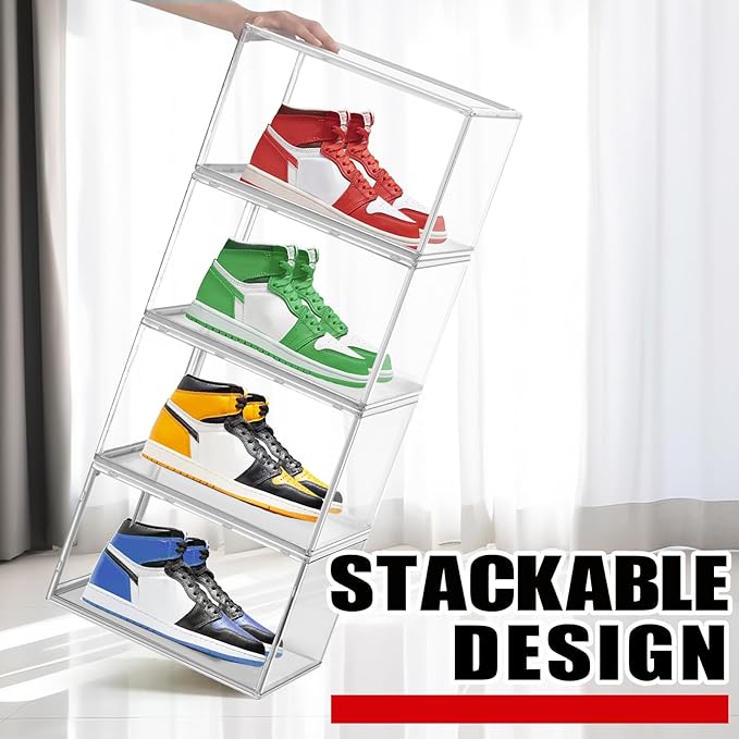 10 Pack Acrylic Shoe Boxes, Sneaker Display Case Size 14, Clear Shoe Organizer Stackable Plastic Stackable Storage Box Handbag Purse Organizer Shoes with Magenetic Lid