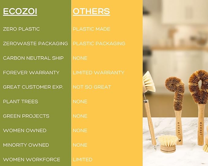 Bamboo Dish Brush Set, 6 Piece for Vegetable, and Kitchen Dish Cleaning, Sisal & Coconut Fibers with Bamboo Handles, Kitchen Brushes for Dishes, Pots, Pans