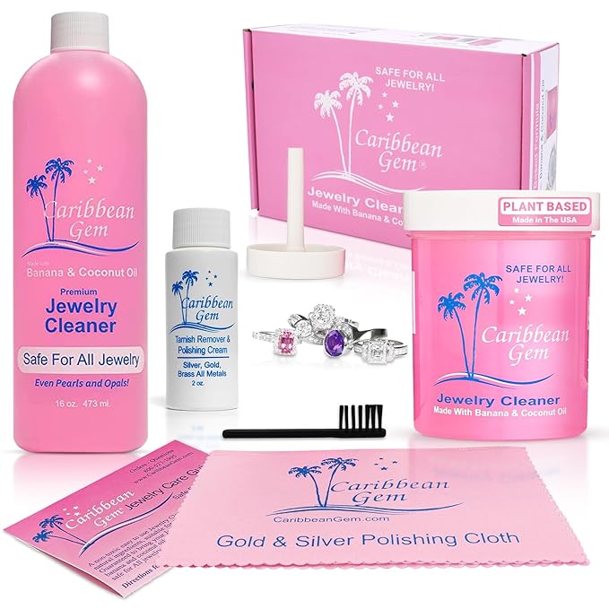 Jewelry Cleaner 16oz & 8oz, Basket, Brush, Polishing Cream & Polishing Cloth - Jewelry Cleaning Kit for All Gold, Silver, Diamonds, Rings, Necklaces, Gems, Precious Stones & Metals