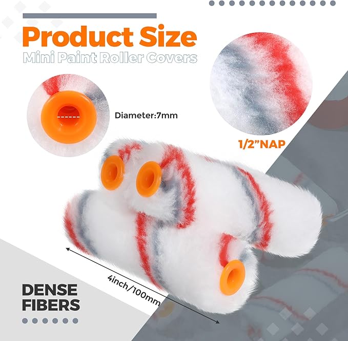 Leumoi 300 Pcs 4 Inch Mini Paint Roller Cover 1/2" Nap Small Microfiber Roller Covers Home Repair Tools House Household Supplies Kit(Red, Gray)