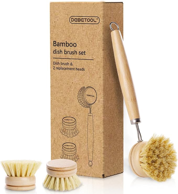 Bamboo Pot Dish Brush,3 Pack Natural Wooden Scrub Brush with Sisal Fiber,Suitable for Dishes,Pans,Pot and Other Utensils-Sustainable,Kitchen Cleaning Brush with 2 Replacement Brush Heads