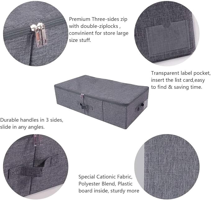 iwill CREATE PRO Pack of 2, Rigid Underbed Storage Boxes with Zip Lid for Clothes, Bedding Sheets, Blankets Organiser, Black Gray