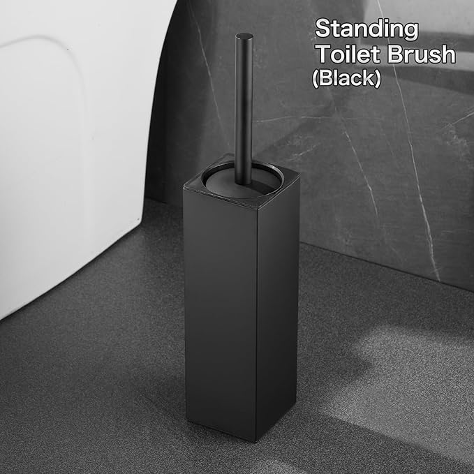 Standing Toilet Brush and Holder Set with Square Base - Toilet Bowl Cleaner and Drip Tray, Black