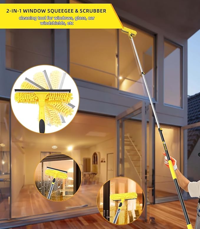 Window Squeegee and Chenille Scrubber, 2-in-1 Combo Cleaning Tools, Multi-Angle Threaded Window Cleaning Tool, Window Washing Equipment for Solar Panel and RV Windshield (Pole Sold Separately)