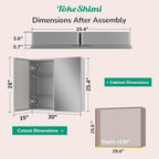 TokeShimi 30 x 26 Silver Aluminum Medicine Cabinet Mirror for Bathroom Surface Mount or Recessed with Stepless Adjustable Shelves Modern Farmhouse