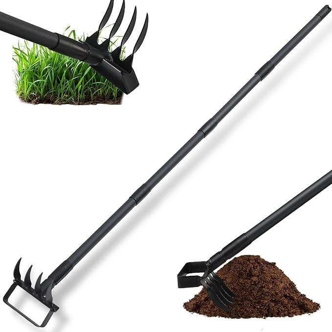 2 in 1 Weeding Tools Gardening Weed Puller with Long Handle,Stirrup Hula Garden Hoe with 4 Tines Rake,Garden Tiller Cultivator with 62.6" Adjustable Handle for Weeding,Seeding,Ditching,Loosening