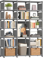 REIBII Book Shelf, 16 Cube Storage Organizers, DIY Tall Book Case for Bedroom, Office, Living Room, Closet, 12" D x 47.24" W x 70.86" H, Grey