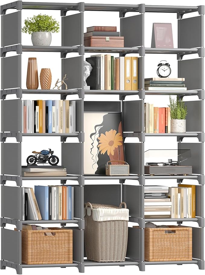 REIBII Book Shelf, 16 Cube Storage Organizers, DIY Tall Book Case for Bedroom, Office, Living Room, Closet, 12" D x 47.24" W x 70.86" H, Grey