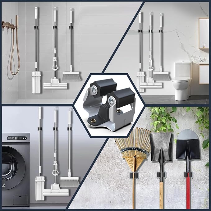 3-H 8 Pack Mop and Broom Holder Big Size Hanging 1 KG Extra,Broom Hanger Wall Mount for Hanging and Organizing Shove Rake Yard Tools in Shed Kitchen Laundry Room Bathroom Garden(black)