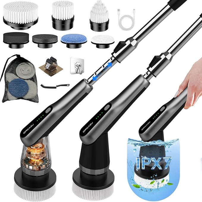 G2-Pro Electric Spin Scrubber - Upgraded 12-in-1 scrubber brush electric, Retractable Handle & 2-Speed for Bathroom, Bathtub, Kitchen, Tile Floors（White/Gray Brush Head）