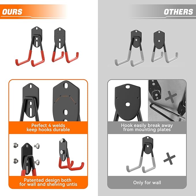 TORACK 24 PCS Garage Storage Hooks with Tracks, Wall Mount Tool Organizer for Garden Tools, Ladders, Cords, Folding Chairs, Shovels and Rakes, Shelving Hooks for Keyhole Style Shelving Units