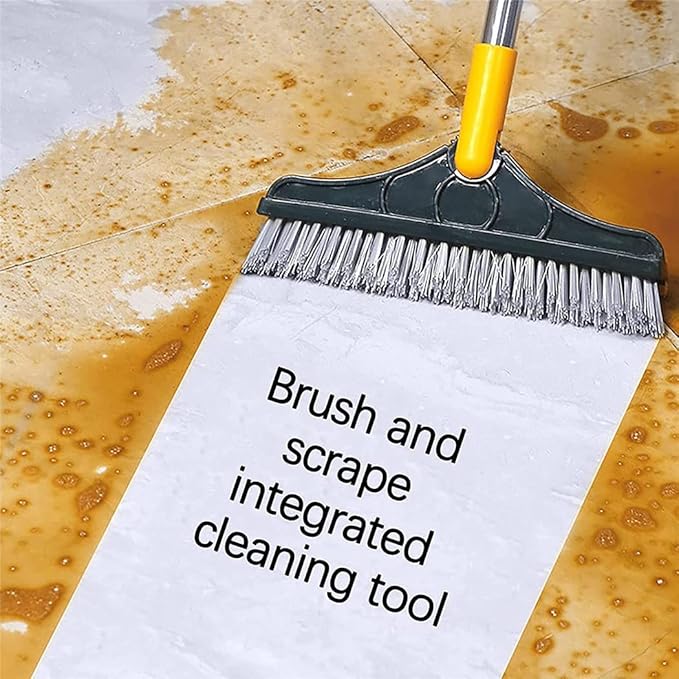 2 in 1 Floor Brush Scrubber with Long Handle Upgrade 3 Poles 53.5'' Grout Brush Scrape Stiff Bristle Cleaning Scrub Brush with Squeegee 120°Rotating Tile Brush for Cleaning Bathroom Glass Kitchen