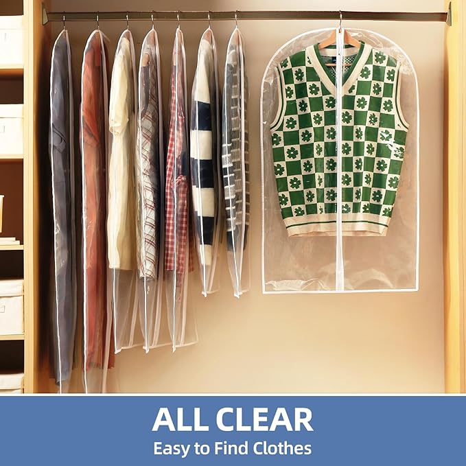 55" All Clear Garment Bags for Hanging Clothes, 12 Packs Dress Bags for Gowns, Plastic Waterproof Garment Covers with Zipper for Long Coats, Dresses, Trench (Set of 12)