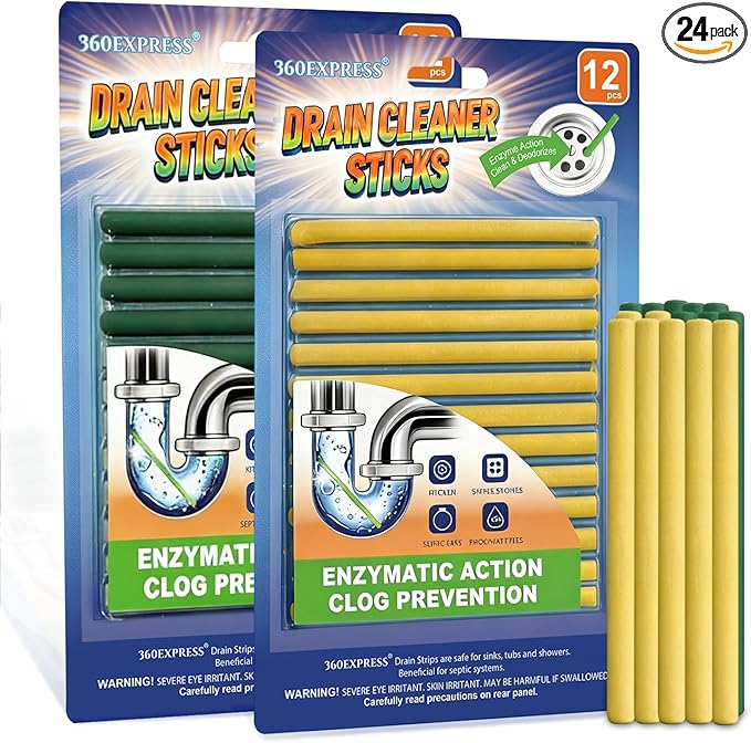 Drain Cleaner and Deodorizer Sticks, 24 Pcs Enzyme Drain Sticks - Natural Clog Remover & Odor Eliminator, Prevent Clogged Drains Year-Round in Kitchen, Bathroom, Shower & Toilet