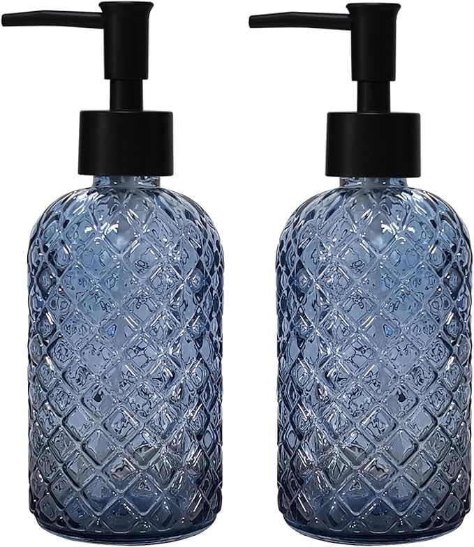 Blue Glass Dish Soap Dispenser for Kitchen, 12oz Refillable Liquid Hand Soap Dispenser Set, 2 Pack Crystal Lotion Bottle for Modern Home Decor, Bathroom Countertop, Hotel