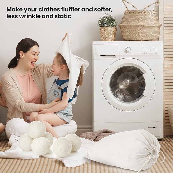 Roowest 46 Pcs Wool Dryer Balls Set Reusable Laundry Wool Balls with Muslin Bags Fabric Softener Anti Wrinkle Anti Static Saving Energy and Time
