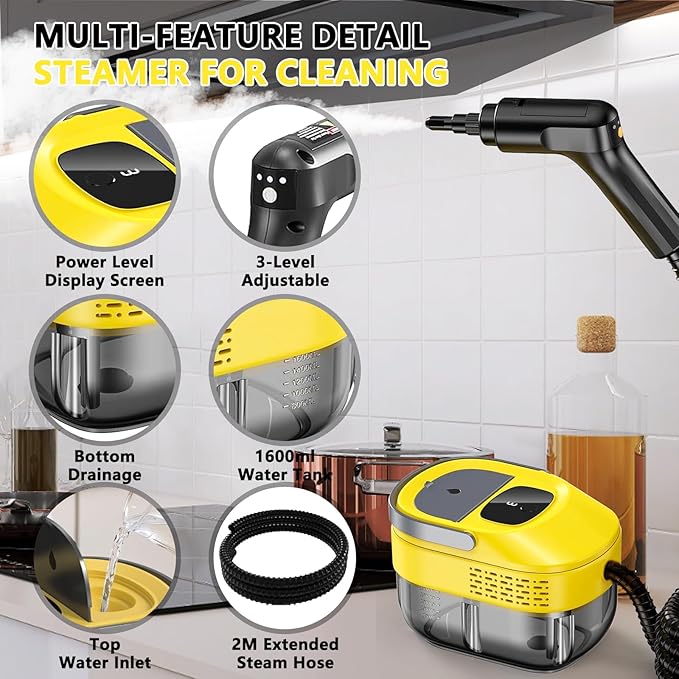 3 Level Adjustable Pressurized Handheld Steam Cleaner for Home, 10s Heat-Up Handheld Steamer for Cleaning, 1.6 Qt Tank Portable Steam Cleaner Handheld for Car,Grout,Tile,Couch,Floor