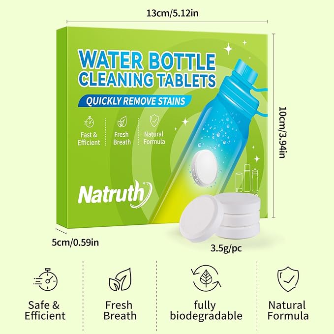 NATRUTH Water Bottle Cleaning Tablets 20 Tablets Effectively Removes Tough Stains and Odors Bottle Clean Tablet Individually Packed for All Stainless Steel, Plastics and Glass Drinking Containers