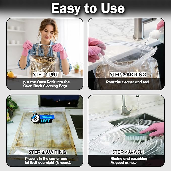 Mity Rain 5 Packs Oven Rack Cleaning Bag Kit, Reusable No-Scrub Oven Rack Cleaning Bags, Includes three gloves and one brush (three 19.69*27.56inch and two 23.62 x 35.43 inch) leak-resistant PE bags