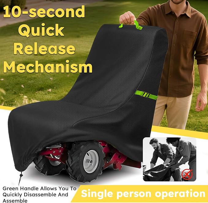 Tiller Cover, Rototiller Covers, 420D Silver-Coated Waterproof Fabric, Adjustable Drawstring Hem, Green Handle & Rear Waist Band – Fits Most Tillers (Black, Electric Tiller Cover)