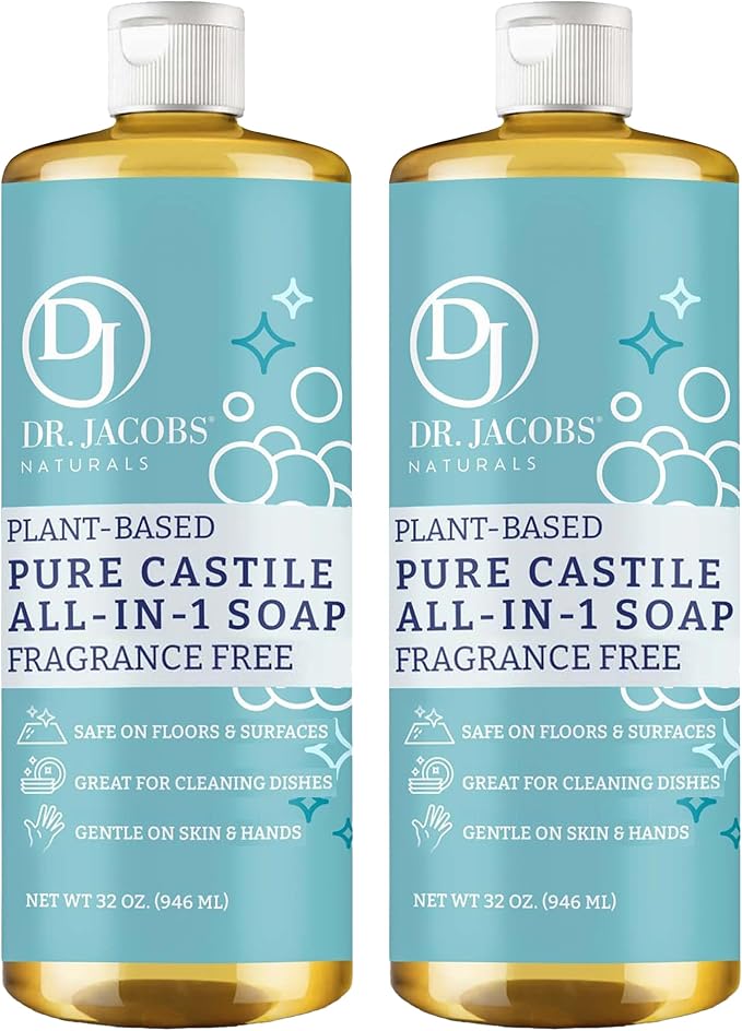 Dr. Jacobs Naturals Fragrance Free Castile All-in-One Cleaner and Soap - Plant-Based Formula for House Cleaning Floors and Appliances - Gentle on Skin and the Planet - 32 oz, 2 Pack
