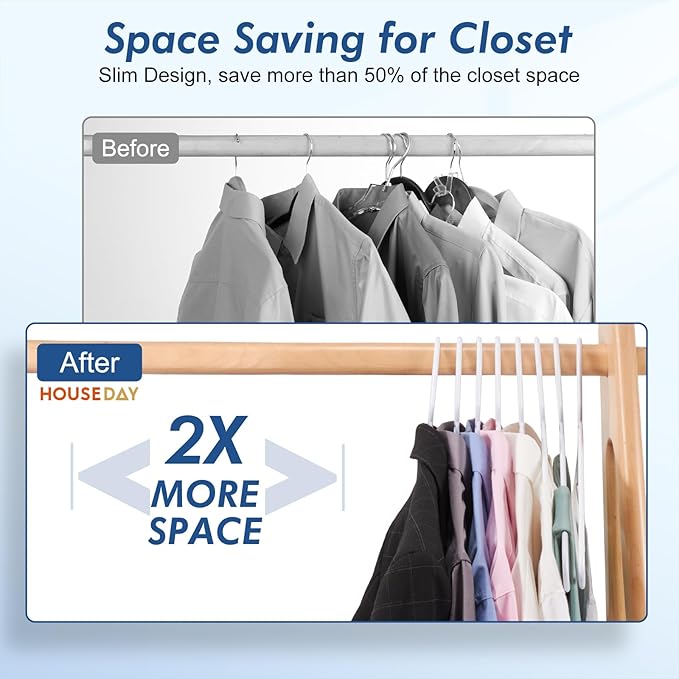 HOUSE DAY Plastic Hangers 20 Pack, Space Saving Clothes Hangers with Built-in Hooks, Durable & Strong Closet Organizers and Storage, Dorm Room Essential, Perfect for Shirts, Coat, Pants, Dress - White