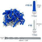 KURUI #10-12 Wall Anchors and Screws Kit, 220PCs Drywall Anchors for Drywall Brick Masonry Stucco Concrete, 110 Plastic Concrete Anchors and 110 Wood Screws, Drywall Anchors for Picture, Curtain Rod