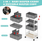 2In1 Baby Diaper Caddy & 3-Tier Rolling Diaper Cart, Diaper Caddy Organizer Cart with Dividers, Metal Detachable Bedside Cart for Baby Nursery Essentials, Large Capacity, Easy to Assemble, White