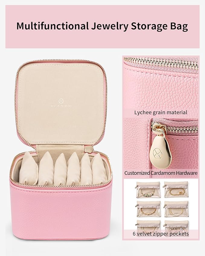 Vlando Jewelry Travel Case,Travel Jewelry Organizer with Clear Velvet Jewelry Bags 6Pcs Zipper Pouch for Women Girl Traveler Gift-Strawberry Pink