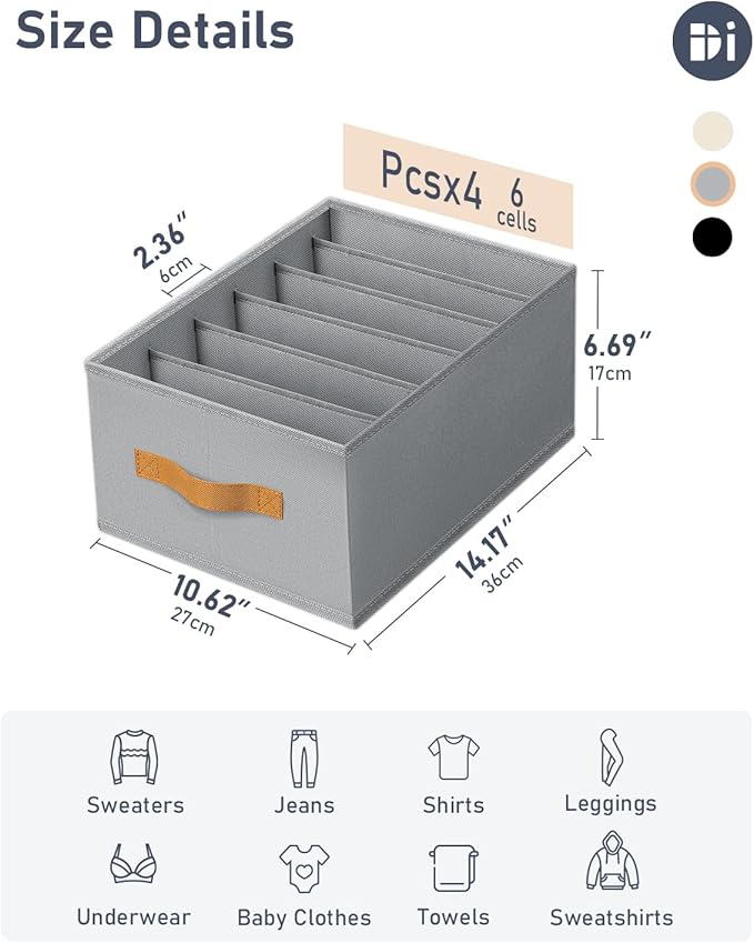DIMJ Large Wardrobe Clothes Organizers - Foldable Closet Clothing Organizer for Jean Sweater Shirt Pants Underwear Bra, Divided Clothes Drawer, Grey Closet Shelf Organizer Boxes