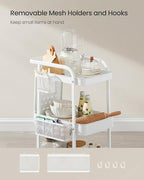 SONGMICS 3-Tier Storage Cart, Rolling Utility Cart, Metal Mesh Shelves, 2 Removable Pegboards, 2 Hanging Holders, 4 Hooks, Craft Cart for Living Room, Kitchen, Office, Bathroom, Cloud White ULRC037W01