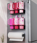 2 Pack Magnetic Stanley Cup Holder - Water Bottle Organizer for Stanley 30&40 oz Tumbler & 1 Pack Magnet Paper Towel Holder Without Drilling, Black Kitchen Storage Rack