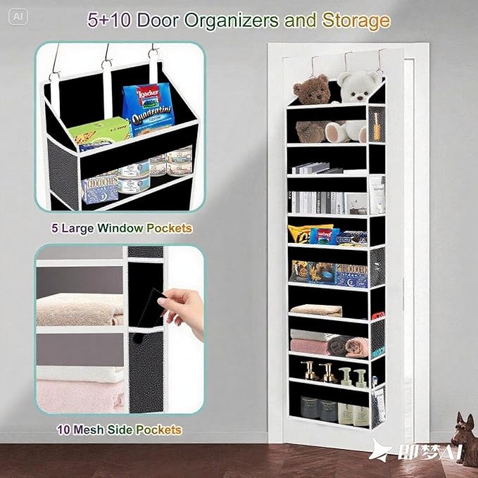 Over The Door Organizer Closet,5 Bins 10 Side Pockets,Hanging Organizer,Anti Tilt 44 lbs Load Door Organizers and Storage with Clear Window for Bedroom,Nursery,Rv,Bathroom,Camper(Pure Black)