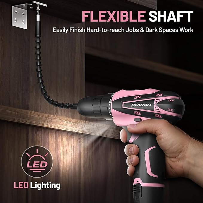 Cordless Drill Set, 12V Power Drill Kit with Battery and Charger, 3/8" Keyless Chuck, 25+1 Torque Setting, Built-in LED, Electric Driver Tool for Home DIY Projects (Pink)