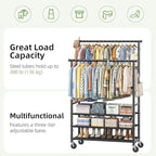 Ekisemio Double Rods Clothes Rack for Hanging Clothes, Rolling Clothing Rack with Wheels, 3-Tier Hanging Rack with Mesh Shelves, Holds 300 LBS for Bedroom, Laundry, Living Room, Black