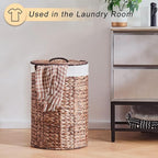 Round Water Hyacinth Laundry Hamper with Lid Handwoven Wicker Basket with Handles for Dirty Clothes, Storage, and Organization Ideal for Bedroom, Bathroom, and Laundry Room, No Assembly Required, 60L
