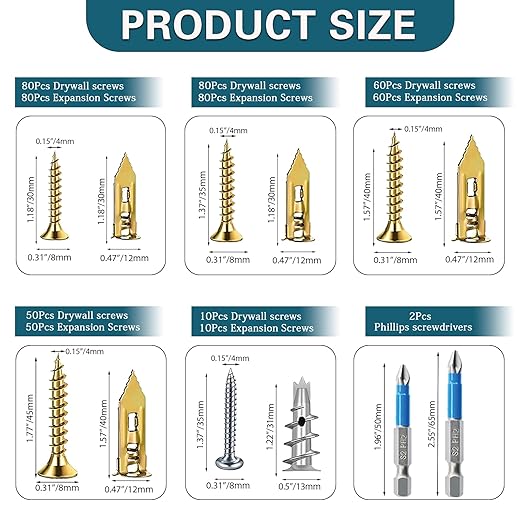 560PCS Self Drilling Drywall Anchors with Screws Kit,5-Sizes Metal Expansion Bolt for Dry Wall,280 PCS Sheetrock Anchors and 280 PCS Screws-No Drill Needed